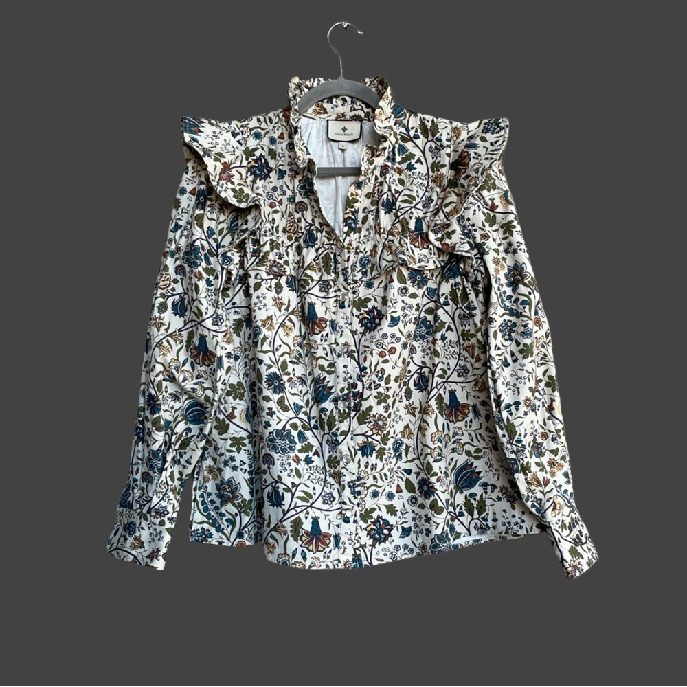TUCKERNUCK Wildwood Chintz Winnie Blouse Ecru Floral Ruffle Pearl Snap Shirt Top - Picture 12 of 17